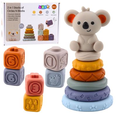 Sensorischer Lernbausteinturm aus weichen Gummibausteinen, Koala, 13-teilig