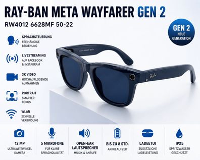 Ray-Ban Meta Wayfarer (Gen 2) RW4012 6628MF 50-22 Cosmic Blue Glas AI Glasses - Kaufe
