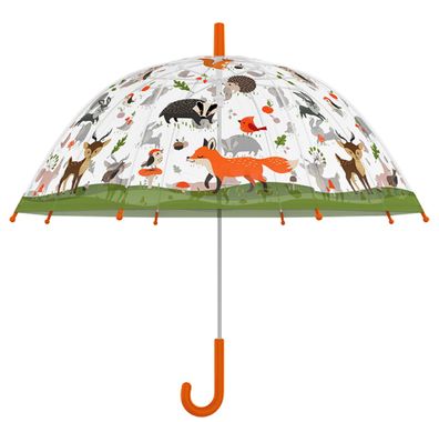 Esschert Design Kinder Regenschirm Transparent Waldtiere Reh Fuchs Igel Vogel