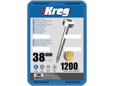 Kreg Pocket-Hole Schrauben 38 mm, Verzinkt, Flachkopf, Feingewinde - 1200Stk