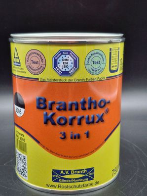 750ml Brantho Korrux 3in1 schwarz RAL9005 Rostschutz & Metallschutz Farbe