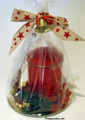 Teepräsent „Weihnachtsglöckchen“ Set rote Teedose Weihnachtstee Kandisstick