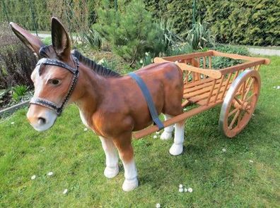 XL Premium Esel mit Holzkarre Wagen 170x90 cm inkl. Kutsche Garten Deko Figur