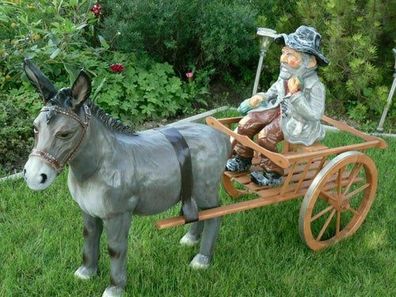 XL Premium Esel+Holzkarre+Kutscher Gespann SET 175x100 Garten Deko Figur Kutsche