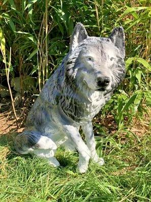XXL Premium Wolf sitzt 70cm lebensgross Garten Deko Figur inkl. Spedition