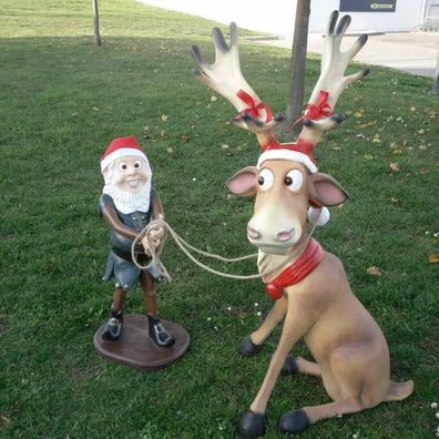 XXL lustiges Rentier Rudi 145cm mit Elfe Elch Weihnachtsdeko Garten Deko Figur