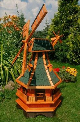 XXL Premium LED Solar Windmühle Holz grün 130cm kugelgelagert Garten Deko 1,3m