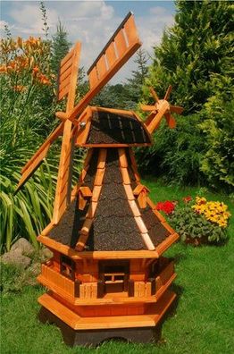 XXL Deluxe LED Solar Windmühle Holz 130cm kugelgelagert Top Garten-Deko 1,3m x