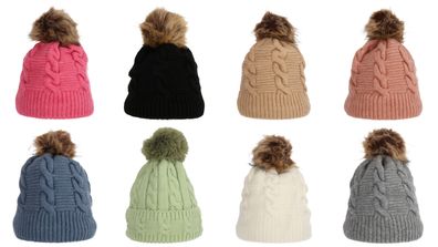 Wintermütze warm gefüttert mit Kunstfell Bommel-Mütze Fleece-Futter Winter Strick
