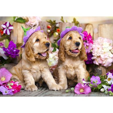 ENJOY Puzzle Cocker Spaniel Welpen mit Blumenhüten 1000 Teile