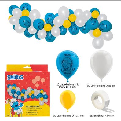 Die Schlümpfe Ballongirlande 60-lig blau weiß Kindheitshelden Ballons für Kinder