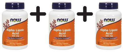 3 x NOW Foods Alpha Lipolic Acid, 100mg with Vitamins C & E - 120 vcaps