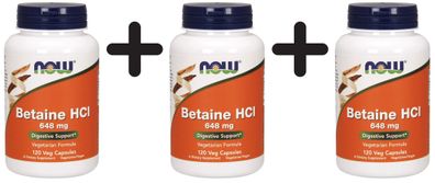 3 x NOW Foods Betaine HCL, 648mg - 120 caps