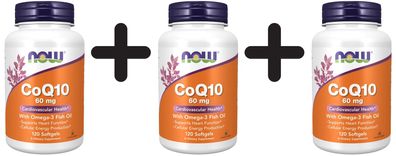 3 x NOW Foods CoQ10, 60mg with Omega-3 - 120 softgels