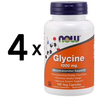 4 x NOW Foods Glycine, 1000mg - 100 vcaps