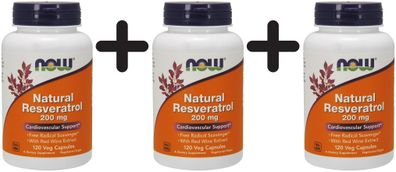3 x NOW Foods Natural Resveratrol, 200mg with Red Wine Extract - 120 vcaps