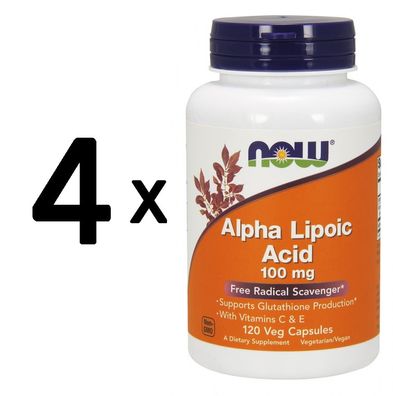 4 x NOW Foods Alpha Lipolic Acid, 100mg with Vitamins C & E - 120 vcaps