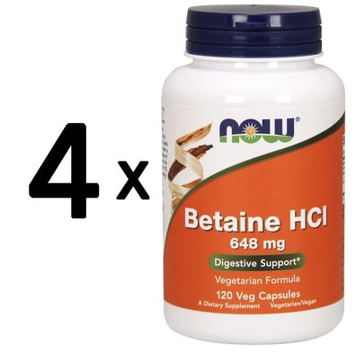 4 x NOW Foods Betaine HCL, 648mg - 120 caps