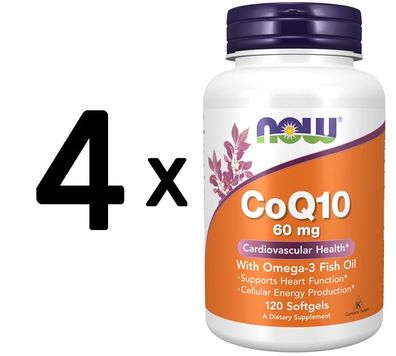 4 x NOW Foods CoQ10, 60mg with Omega-3 - 120 softgels