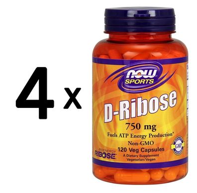4 x NOW Foods D-Ribose, 750mg - 120 vcaps