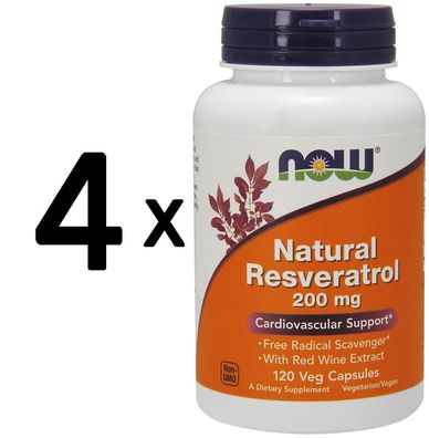 4 x NOW Foods Natural Resveratrol, 200mg with Red Wine Extract - 120 vcaps