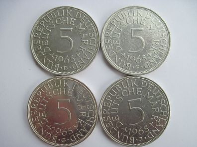 Münzen Silber 4 x 5 DM 1965 D F G J alte Mark , Silberadler kompletter Satz