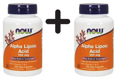 2 x NOW Foods Alpha Lipolic Acid, 100mg with Vitamins C & E - 120 vcaps