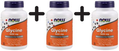 3 x NOW Foods Glycine, 1000mg - 100 vcaps