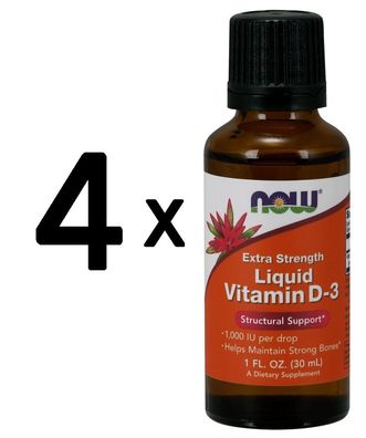 4 x NOW Foods Vitamin D-3 Liquid, 1000 IU (Extra Strength) - 30 ml