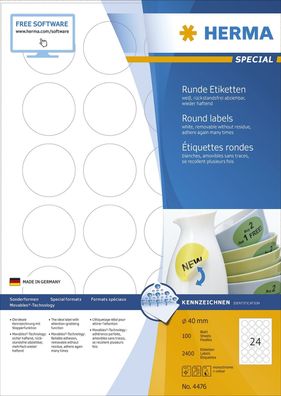 Herma 4476 Movables Etiketten rund 40 100 Blatt DIN A4 2400 Stück