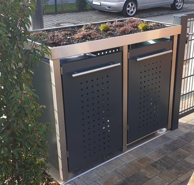 Müll-Box zweier 2x240L | Typ M | mit Grün-Dach, Pfosten in Edelstahl, Blenden in Anth