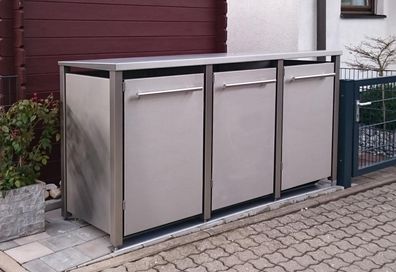 Mülltonnen-Haus 3er 120L | Typ M | Pultdach, Pfosten aus V2A, Blenden in V2A | für Ve