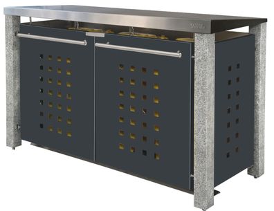 Mülltonnen-Box 2x120L | Typ N | Flachdach, Granitpfosten, Fronten in Anthrazit | Idea