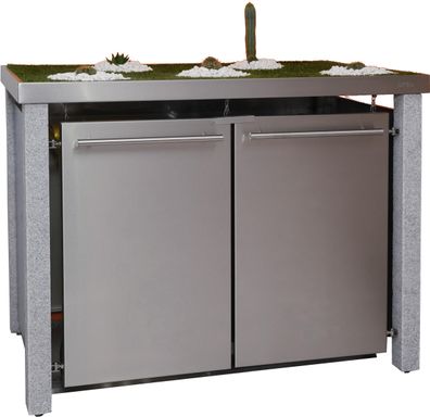 Tonnenhaus 2x240L | Typ N | mit Gründach, Stein-Pfosten, Fronten in Edelstahl | Ideal