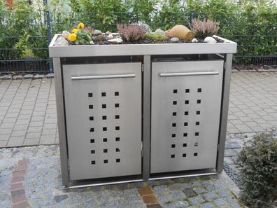 Mülltonnen-Haus 2x120L | Typ M | Pflanzwanne, Pfosten in Edelstahl, Oberfläche V2A ge