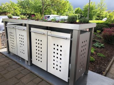 Mülltonnen-Box 4er, 4x120L | Typ E | Gründach, Pfosten in Edelstahl, Blenden in Edels