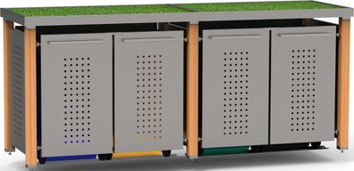 Mülltonnen-Box 4x120L | Typ H | Pflanzwanne, mit Holzpfosten, Fronten in Edelstahl |