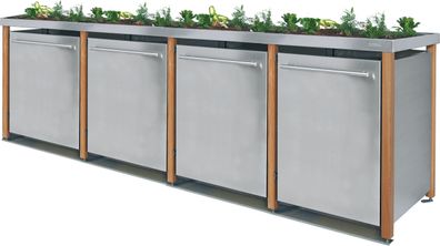 Mülltonnenbox 4er, 4x240L | Typ L | Bepflanzbar, Lärchenpfosten, Fronten in Edelstahl