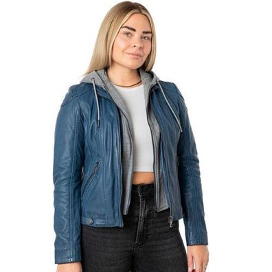 Mauritius - Damen Echtleder Lederjacke Lammnappa Kapuze blau