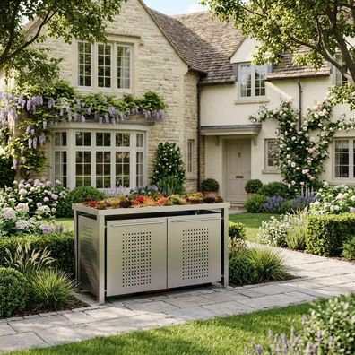 Mülltonnen-Box dreier 3x240L | Typ E | zum Begrünen, Pfosten in VA, Fronten in Edelst
