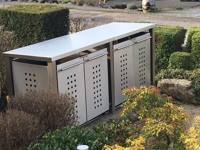Mülltonnen-Box 4er, 4x240L | Typ E | Flachdach, Pfosten in Edelstahl, Blenden in V2A