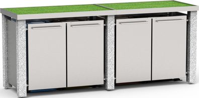 Müllbox vierer, 4x240L | Typ S | mit Grün-Dach, Stein-Pfosten, Seiten &amp; Türen in