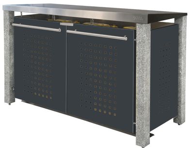 Tonnen-Verkleidung zweier 2x120L | Typ N | Pultdach, Steinpfosten, Fronten in Anthraz