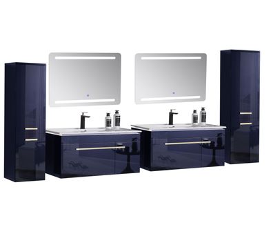 Badmöbel Set 8 Teilig 240 cm Hochglanz Blau LED Spiegel Badezimmer Hochglanz