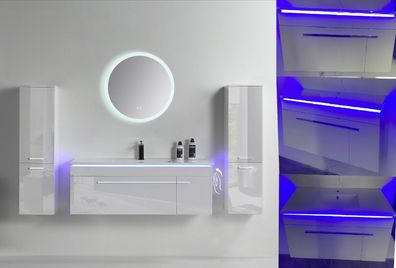 Badezimmermöbel 120 cm – 5-tlg Set Weiß Hochglanz LED