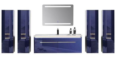 Badmöbel Set 240 cm Königsblau Hochglanz Lackiert Komplett Badschrank 7 Tlg LED