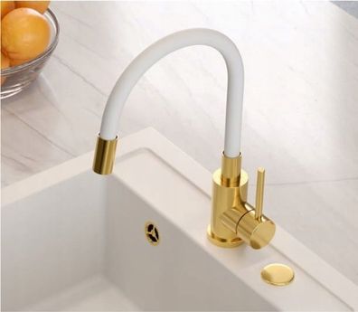 Flexibel Weiß-Gold Waschtischarmatur mit Wasserfall-Design, auslaufsicher