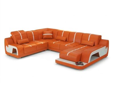 Oranger Ecksofa in U-Form aus Leder LED groß modern Wohnzimmer Polstermöbel *