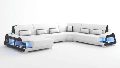 Modern Wohnlandschaft U-Form Weiß LED Couch Elegant Design Komfort *