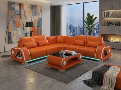Ecksofa L-Form Orange Weiß Couchtisch LED Wohnzimmer Design Möbel *